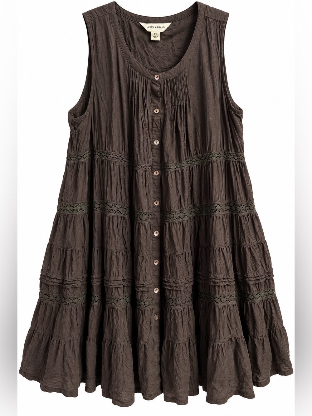 Lucky Brand Tiered Button-Front Dress 100% viscose cotton and lace. XL